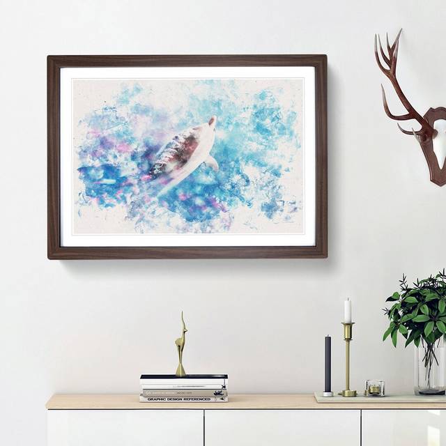 Swimming Dolphin - Picture Frame Graphic Art Print - Walnut Framed (45cm H x 63cm W x 2cm D)