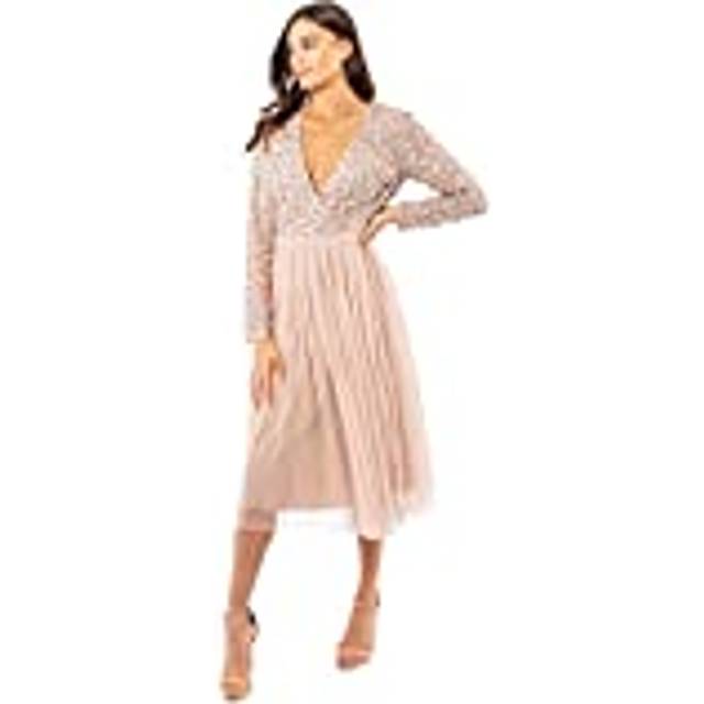 Faux Wrap Embellished Long Sleeve Midi Dress - Taupe - 20