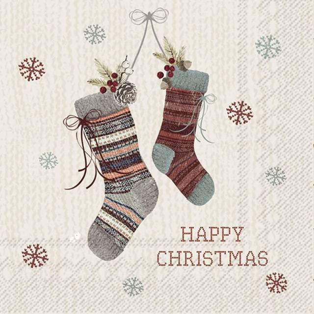 Happy Christmas Stockings Printed Paper Lunch Napkin 20-Pack Disposable 3-Ply