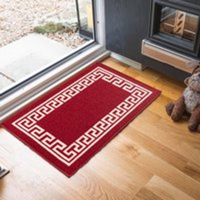 Machine Washable Greek Key Design Anti Slip Doormats Red White 80X150 Cm - One Size