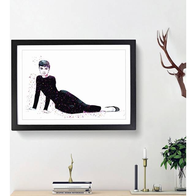 Audrey Hepburn in Abstract - Picture Frame Painting Print - Black Framed (36cm H x 48cm W x 2cm D)