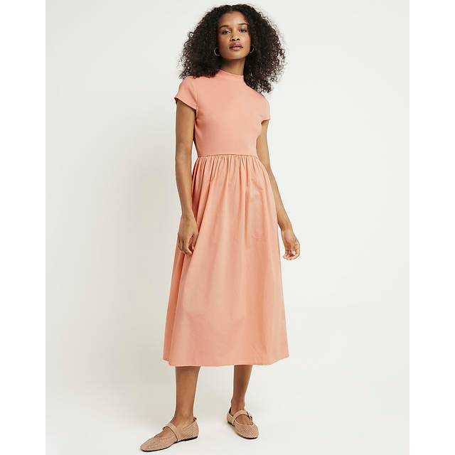 River Island Womens Midi Dress Pink Rib Short Sleeve Smock Cotton - Size 6 UK