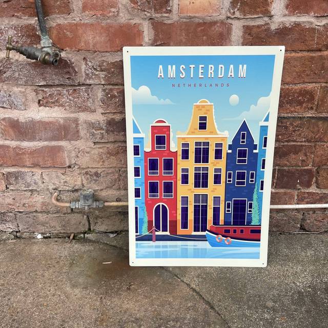 Amsterdam Holland Travel Metal Wall Décor - Blue;Red;Yellow (60cm H x 40cm W)