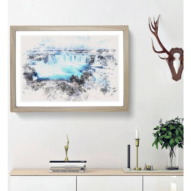 Godafoss Waterfall in Iceland - Picture Frame Painting Print - Oak Framed (45cm H x 63cm W x 2cm D)