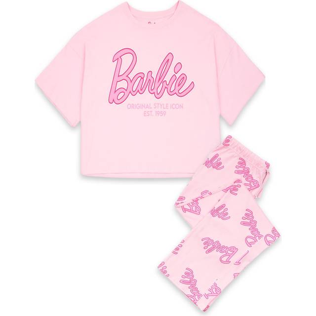 Barbie Womens Pyjama Set in Pink | Ladies Cropped Short Sleeve Graphic Tee & Long Leg Print Bottoms PJs | Classic Logo Style