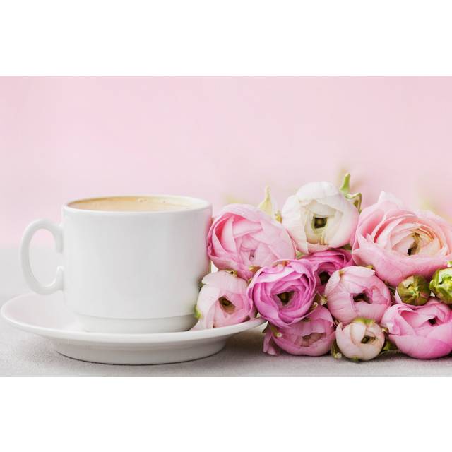 Ranunculus Flowers and Coffee - Wrapped Canvas Photograph (30cm H x 46cm W x 3.8cm D)