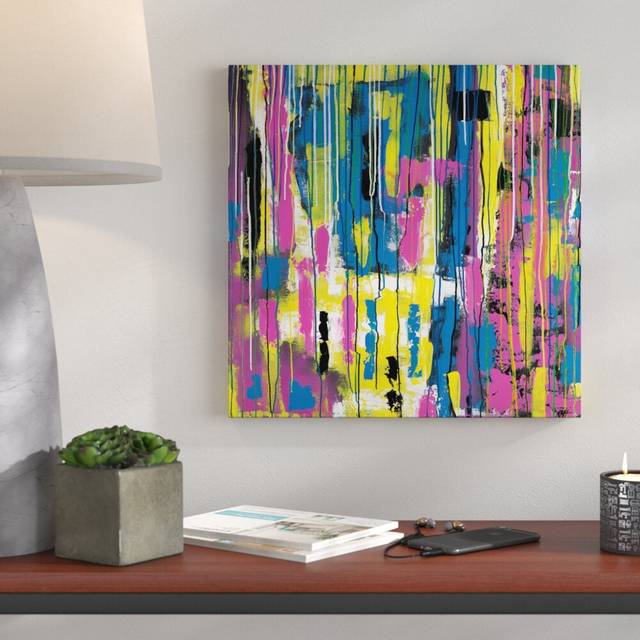 'The Chaser' by Rebecca Vincent Art Print on Wrapped Canvas - Blue;Yellow;Pink (61cm H x 61cm W x 3.8cm D)