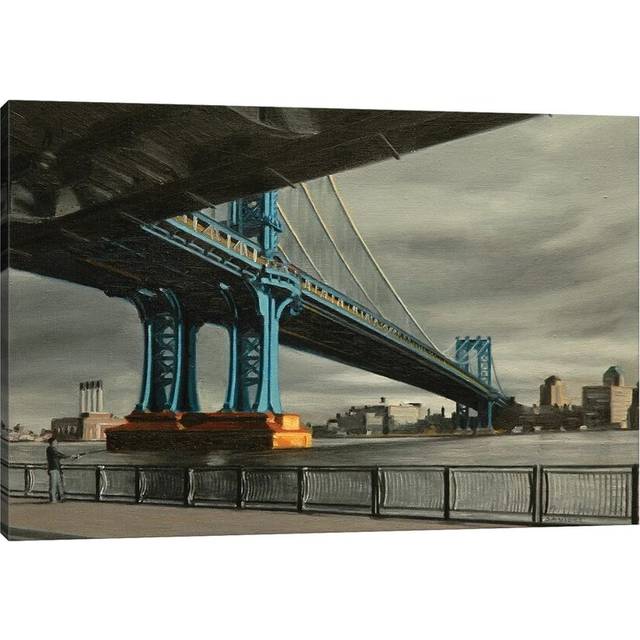 Manhattan Bridge with Grey Skies by Nick Savides - Painting Print on Canvas - Wrapped Canvas (20.32cm H x 30.48cm W x 1.91cm D)