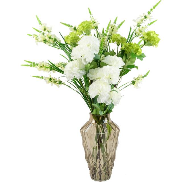 Leaf 80Cm White Artificial Carnation And Larkspur In Glass Vase, Green