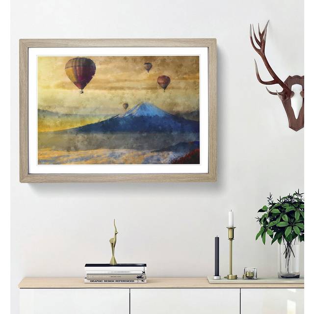 Hot Air Balloons Above Mount Fuji - Picture Frame Painting Print - Oak Framed (33cm H x 45cm W x 2cm D)