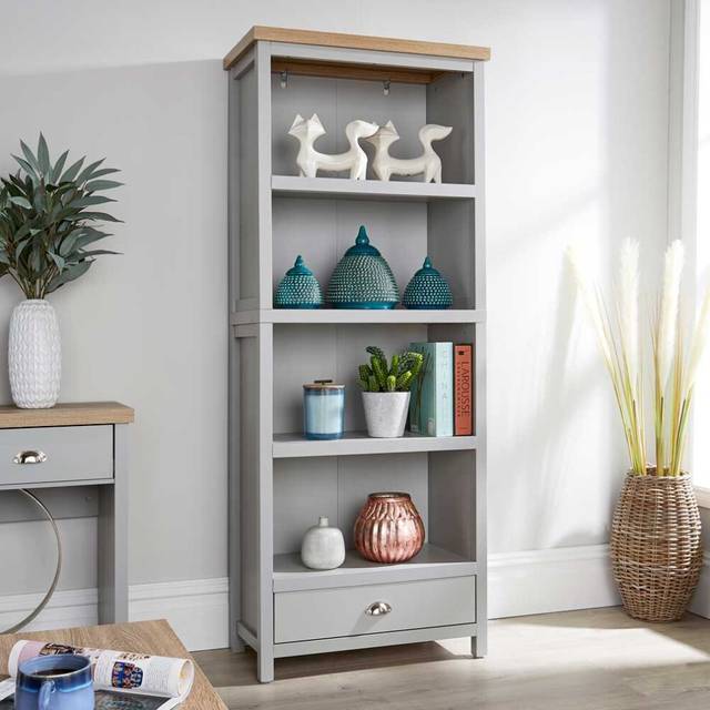 Grey Oak Tall Bookcase Display Unit 4 Bookshelves Storage Drawer Metal Handles