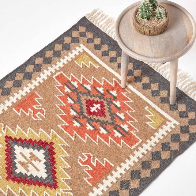 Jaipur Handwoven Brown and Orange Patterned Kilim Wool Rug, 90 x 150 cm - Multi Colour