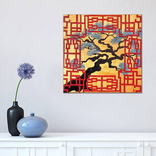 Gnarled Tree and Red Lattice Screen by Berit Bredahl Nielsen - Wrapped Canvas Graphic Art (45.72 cm H x 45.72 cm W x 3.175 cm D)