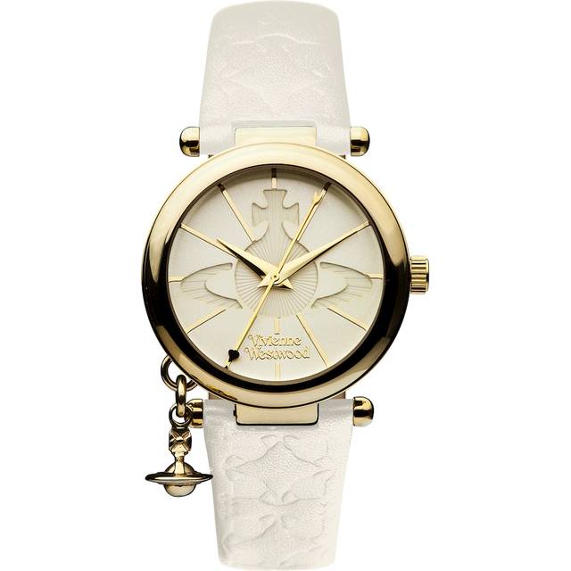 Vivienne Westwood Orb II White and Gold Logo Dial Gold Plated Case and Charm White Leather Strap Ladies Watch, One Colour, Women