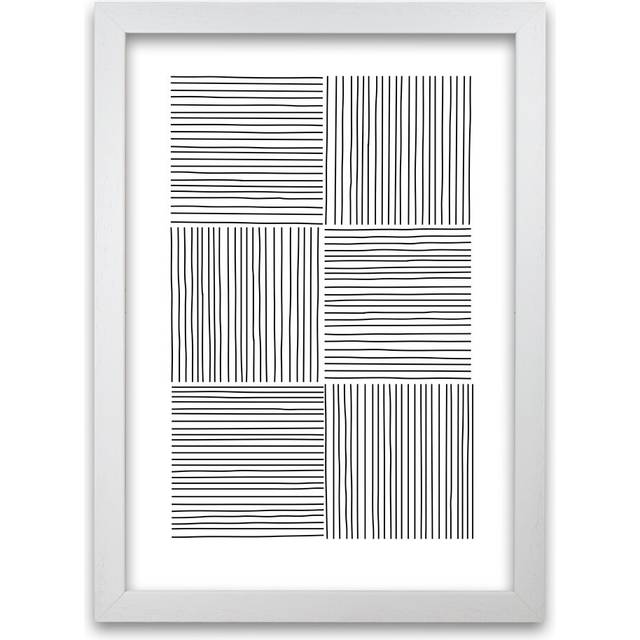 Black and White Squared Lines - Graphic Art Print on Paper - White Frame (30cm H x 21cm W x 3cm D)