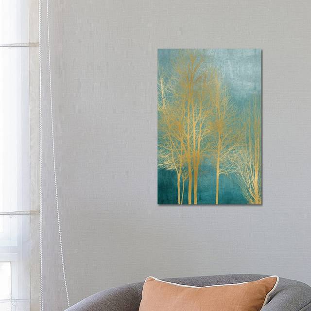 Gold Trees on Aqua Panel I by Kate Bennett - Wrapped Canvas Painting (66.04 cm H x 45.72 cm W x 1.91 cm D)