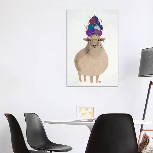 Sheep with Wool Hat, Full by Fab Funky - Wrapped Canvas Graphic Art (101.6 cm H x 66.04 cm W x 3.175 cm D)