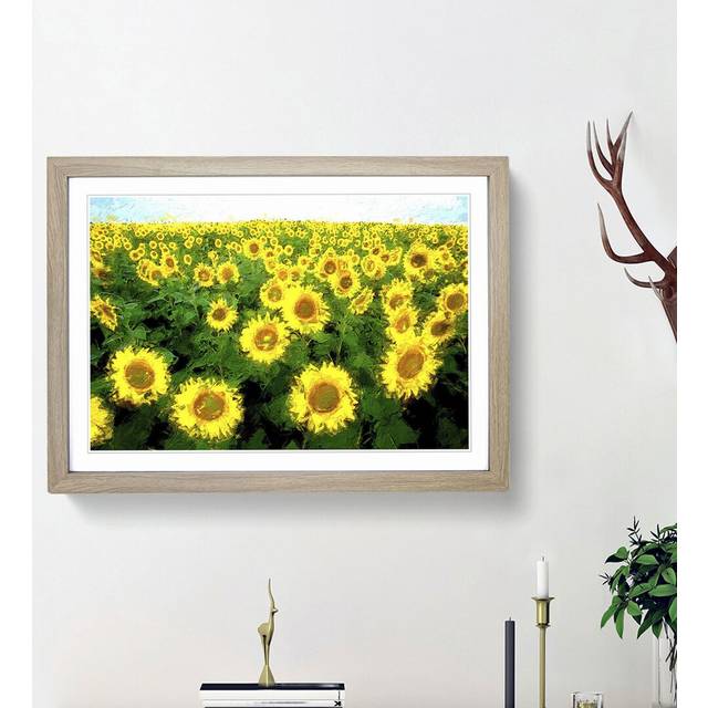 Yellow Sunflower Meadow - Picture Frame Painting Print - Oak Framed (27cm H x 36cm W x 2cm D)