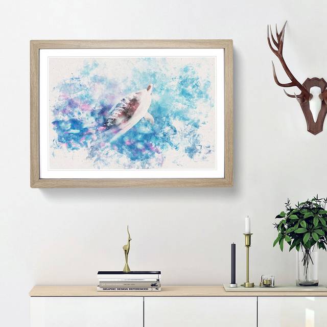 Swimming Dolphin - Picture Frame Graphic Art Print - Oak Framed (33cm H x 45cm W x 2cm D)