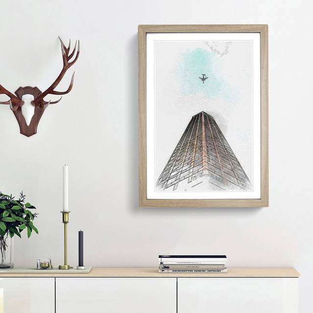 Airplane Flying Above Tokyo in Abstract - Picture Frame Graphic Art Print - Oak Framed (36cm H x 27cm W x 2cm D)