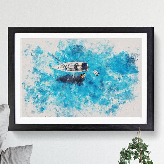 Boat in the Balearic Islands Watercolour - Picture Frame Graphic Art - Black (36cm H x 48cm W x 2cm D)
