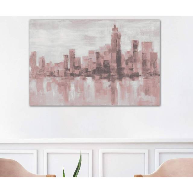 Misty Day In Manhattan Pink Gray by Silvia Vassileva - Wrapped Canvas Painting Print (152.5 cm H x 101.5 cm W)