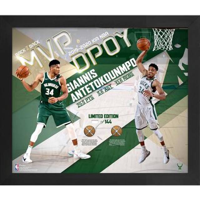 Giannis Antetokounmpo Milwaukee Bucks Framed 20" x 24" 2020 NBA MVP & DPOY Collage with Team-Used Net From the 2018-19 and 2019-20 Seasons - Limited Edition of 144