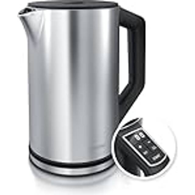 Arendo - Vattenkokare i rostfritt stål med temperaturinställning 40–100 grader i steg om 5 – dubbelväggsdesign – modell ELEGANT – 1,5 liter – 2 200 W – tekokare med temperaturdisplay – glänsande silver