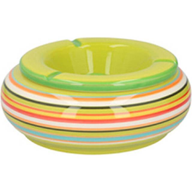 (Green - Large) Ceramic Stripy Round Ash Tray Ashtray Smoking