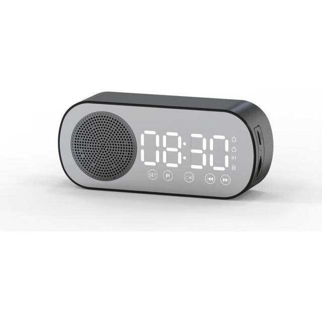 (a-black) Speaker LED Mirror Digital Alarm Clock Subwoofer Wireless Bluetooth Speaker MP3 FM Radio Bluetooth With Phone Holder Function