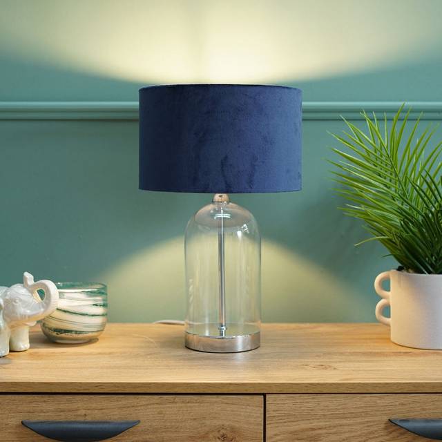 ValueLights Jessy Silver and Navy Velvet Shade Glass LED Table Lamp - Blue - 45 x 25 x 25cm