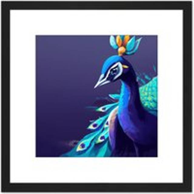 Peacock Peafowl Navy Blue Bird Nature Modern Contemporary Watercolour Painting Square Wooden Framed Wall Art Print Picture 8X8 Inch - Black - One Size