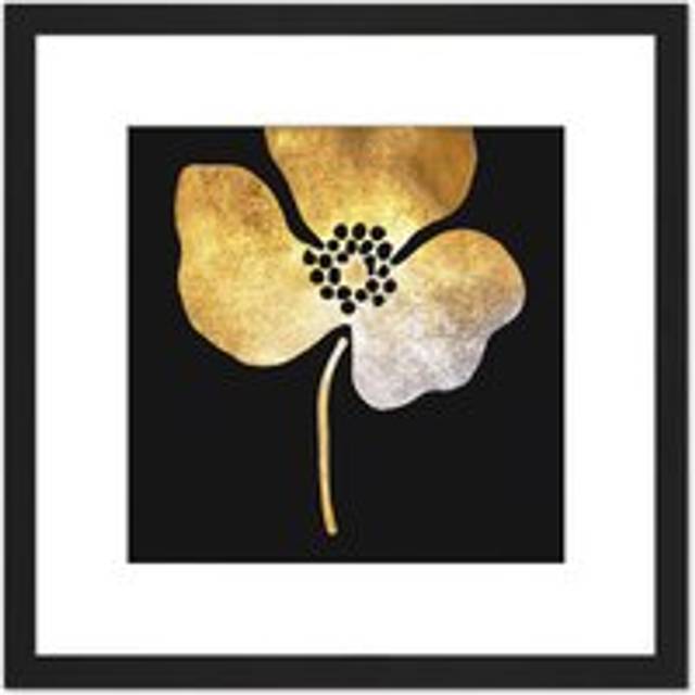 Gold on Black Metallic Effect Foil on Black Style Single Flower Floral Painting Square Wooden Framed Wall Art Print Picture 8X8 Inch - One Size
