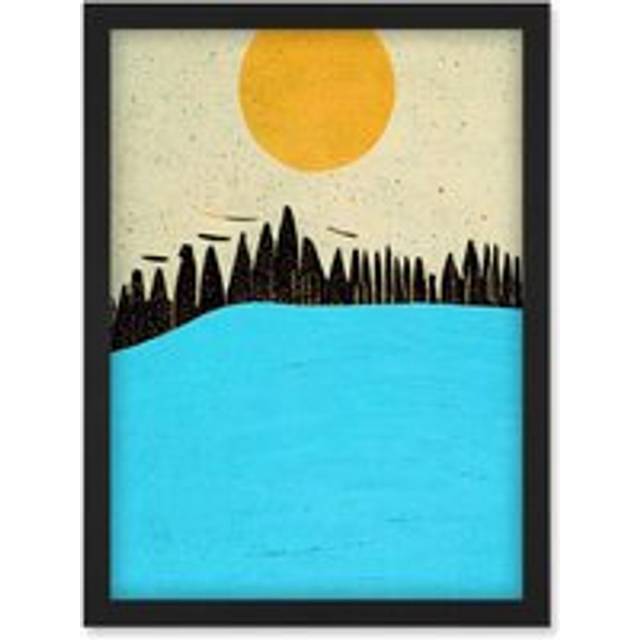 Modern Boho Abstract Sea And Cliffs Large Yellow Summer Sun Artwork Framed Wall Art Print A4 - Black - One Size