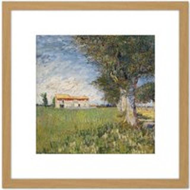 Vincent Van Gogh Boerderij In Een Korenveld 8X8 Inch Square Wooden Framed Wall Art Print Picture with Mount - Tan - One Size