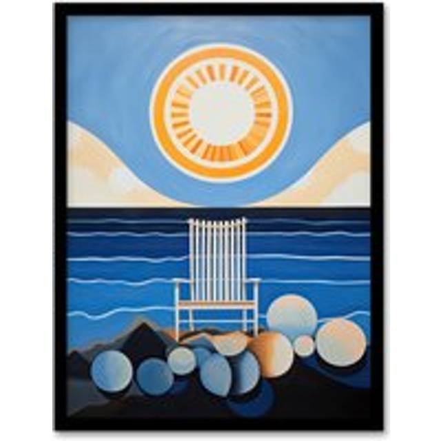 Wall Art Print Beach Chair Daydream Oil Painting Blue Orange Abstract Seascape on a Sunny Day Bathroom Artwork Framed - W12 inch x H16 inch
