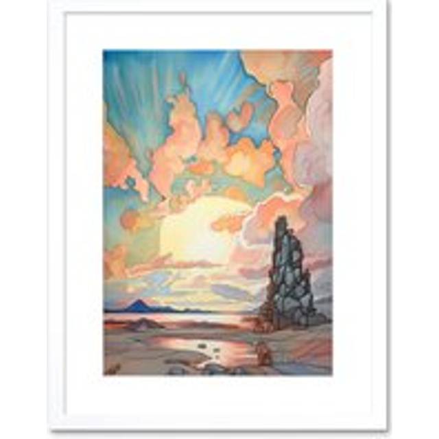 Wall Art Print Atmospheric Clouds Over Mono Lake at Dawn Lakeside Rock Landscape Modern Watercolour Painting Artwork Framed 9X7 Inch - White - W7 inch - W7 inch x H9 inch