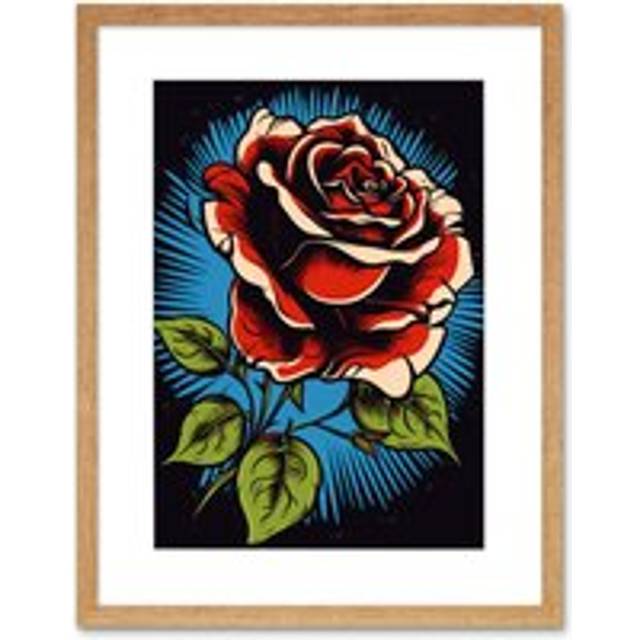 Wall Art Print A Blooming Rose Old School USA Tattoo Ink Body Art Rockabilly Americana 50s Artwork Framed 9X7 Inch - Beige - W7 inch x H9 inch