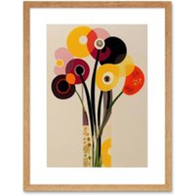 Wall Art Print Abstract Retro Spring Summer Flowers Floral Yellow Burgundy Orange Bouquet Vase Artwork Framed 9X7 Inch - Beige - W7 inch x H9 inch