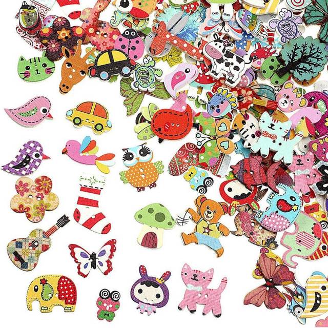 200Pcs Cartoon Wooden Buttons Bulk Assorted Design Cute 2 Holes Mixed Animal Button for Sewing Crafts DIY Decoration