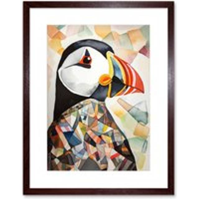 Wall Art Print Puffin Bird Abstract Portrait Folk Artwork Framed 9X7 Inch - Brown - W7 inch x H9 inch