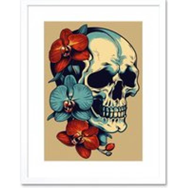 Wall Art Print Skull Orchid Flower Blooms Tattoo Ink Body Art Rockabilly Americana 50s Artwork Framed 9X7 Inch - White - W7 inch x H9 inch