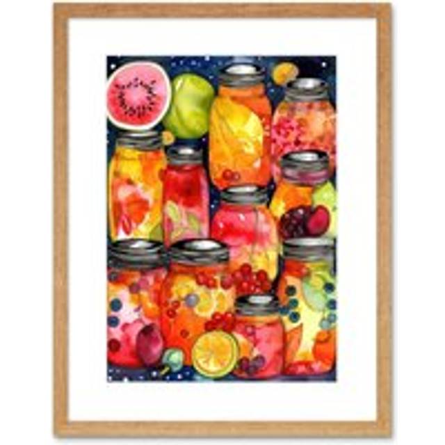 Wall Art Print Fruit Preserves Folk Art Watercolour Painting Artwork Framed 9X7 Inch - Beige - W7 inch x H9 inch