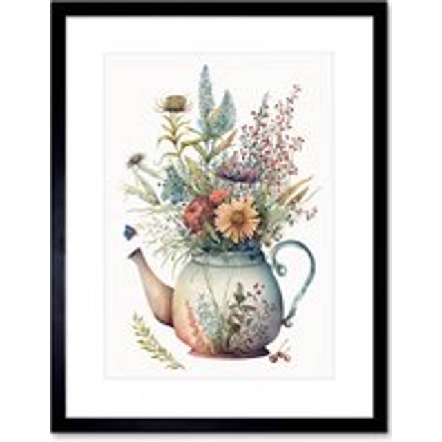 Wall Art Print Wildflower Floral Bouquet in China Pattern Teapot Artwork Framed 9X7 Inch - Black - W7 inch x H9 inch
