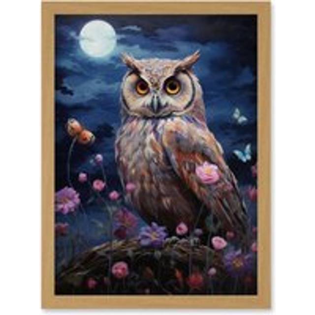 Wall Art Print Majestic Owl Portrait Oil Painting Great Horned Purple Pink Blue Full Moon in Spring Meadow with Wildflowers Artwork Framed A4 - Tan -