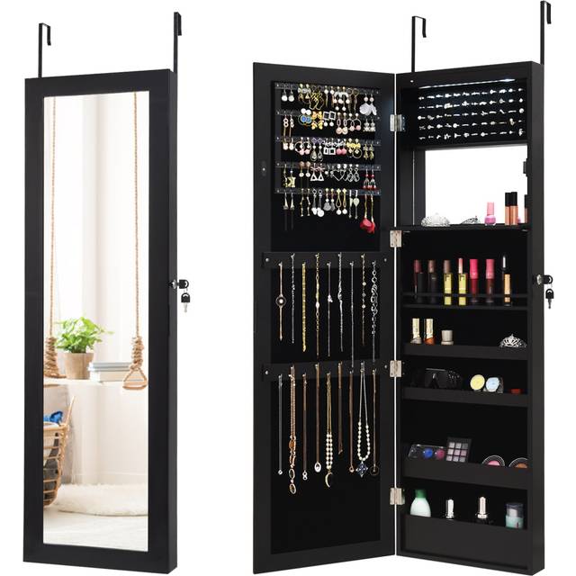 Wall-mounted Jewelry Storage Cabinet Door Hanging Armoire w/ Full Mirror - Black