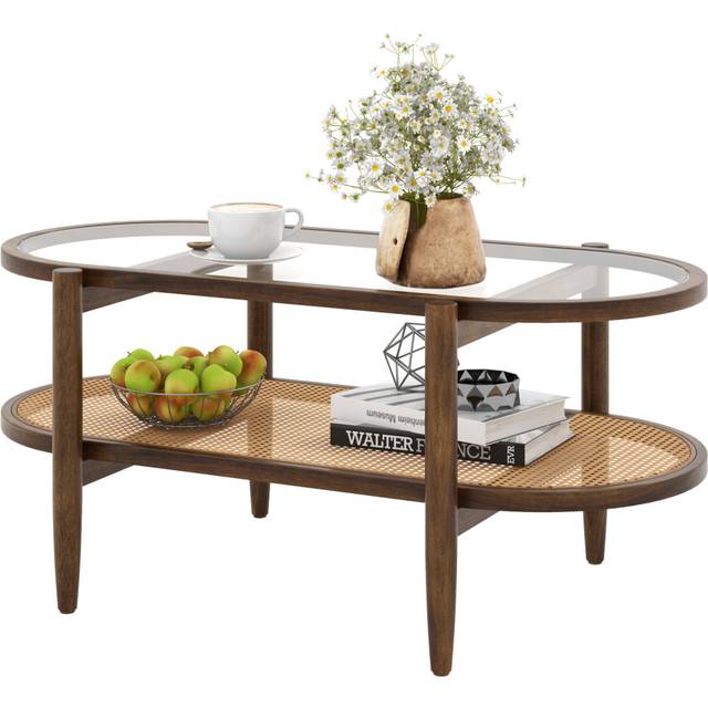 2-Tier Coffee Table Rattan Center Tea Cocktail Table Tempered Glass Tabletop Wooden