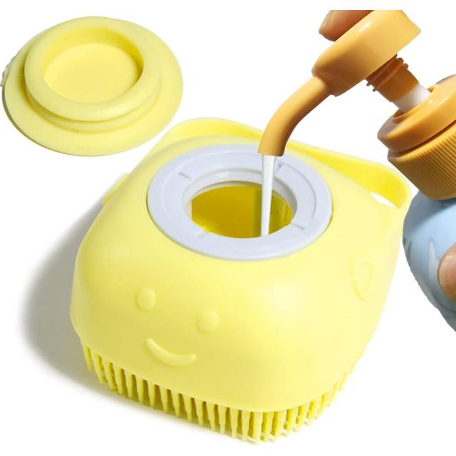 Dog Bath Brush, Pet Massage Brush Shampoo Dispenser, Soft Silicone Brush Rubber Bristle for Dogs and Cats Shower Grooming (Yellow)