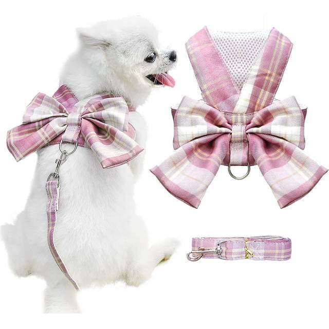 Dog Harness for Small Dogs with Bow Small Harness for Dogs with D-Ring Soft Mesh Adjustable Harness Set Puppy Pet Harness and Leash (Pink M)