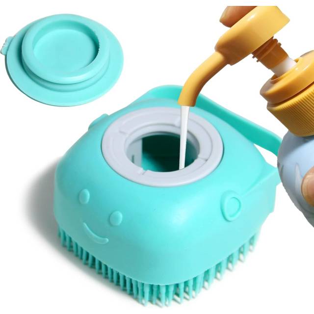 Dog Bath Brush, Pet Massage Brush Shampoo Dispenser, Soft Silicone Brush Rubber Bristle for Dogs and Cats Shower Grooming (Blue)